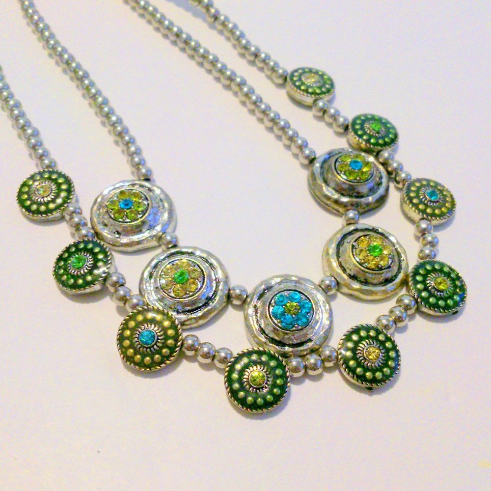 Signed JB Silver Tone Beaded Rhinestone Disc Multi Strand Necklace